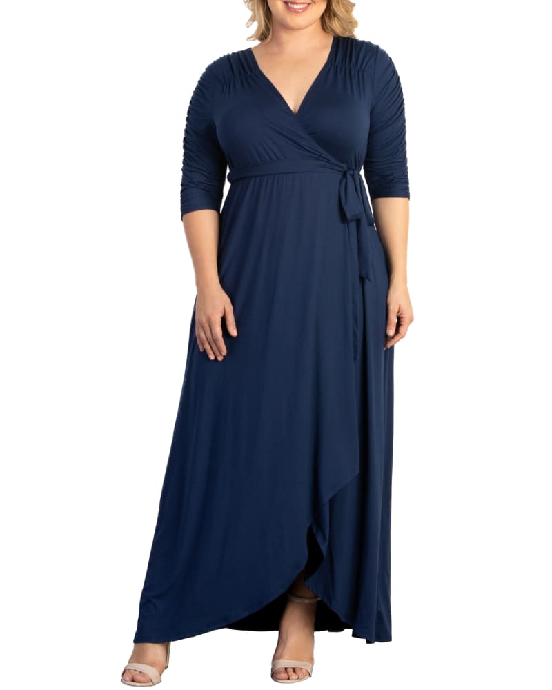 Front of a model wearing a size 0X Meadow Dream Maxi Dress in NOUVEAU NAVY by Kiyonna. | dia_product_style_image_id:279203